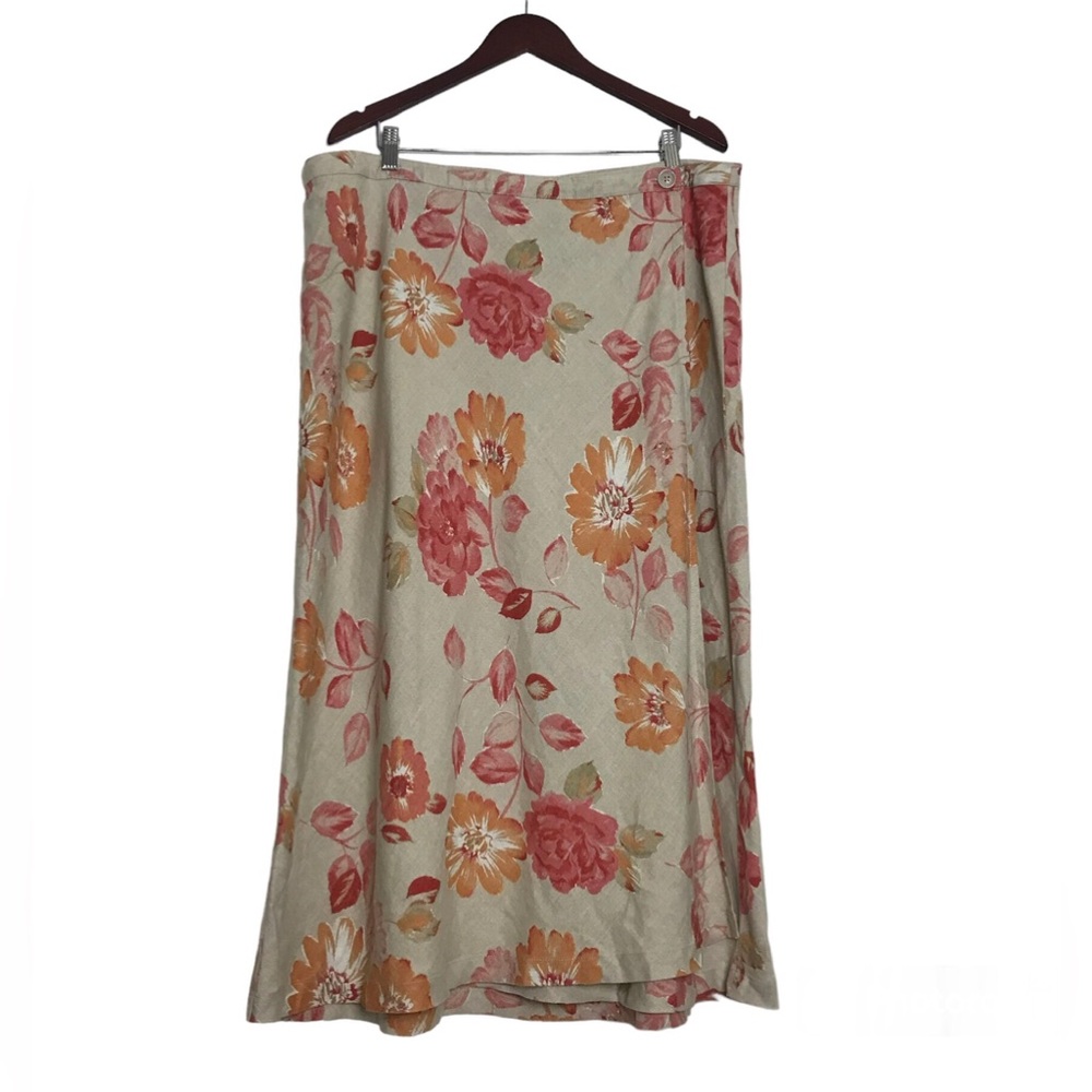 Eddie Bauer Womens Floral Linen MIDI Wrap Skirt Size 18W Beige Boho Coastal